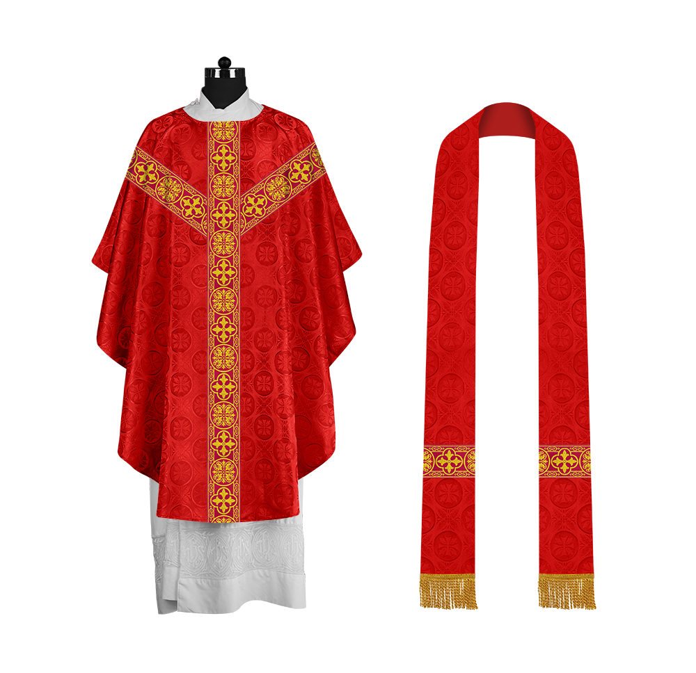 Traditional Gothic Chasuble with Embroidered Motif and Lace Orphrey