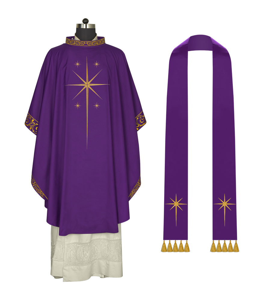Ornate Advent Chasuble with Golden Star Embroidery