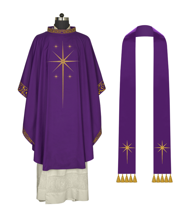 Ornate Advent Chasuble with Golden Star Embroidery
