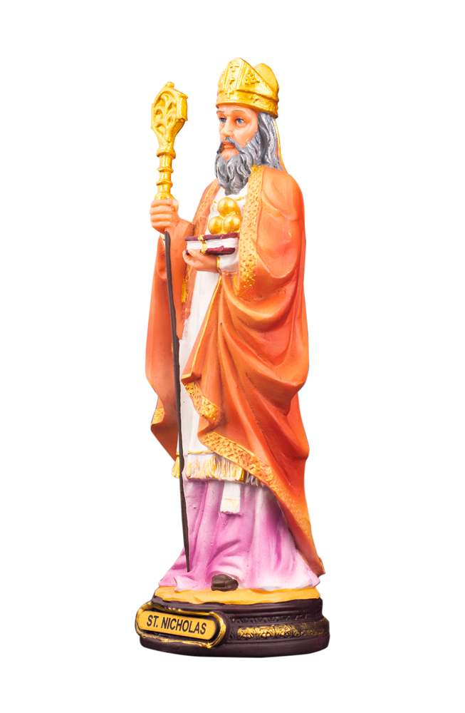 8" Saint Nicholas Statue – Bishop with Staff and Golden Spheres