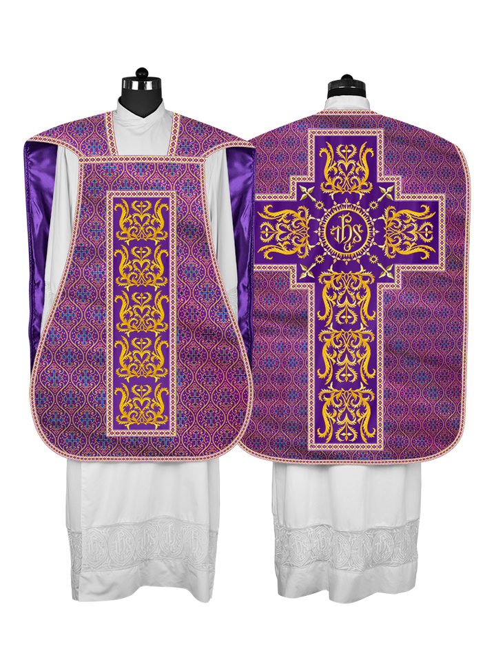LITURGICAL ROMAN CHASUBLE VESTMENT WITH SPIRITUAL MOTIFS AND TRIMS