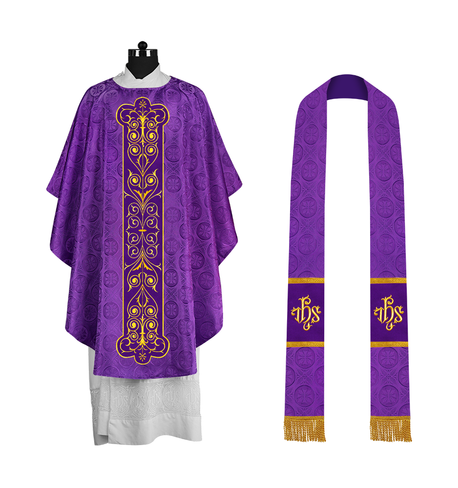 Liturgical Priest Chasuble with Vintage-Style Embroidered Orphrey