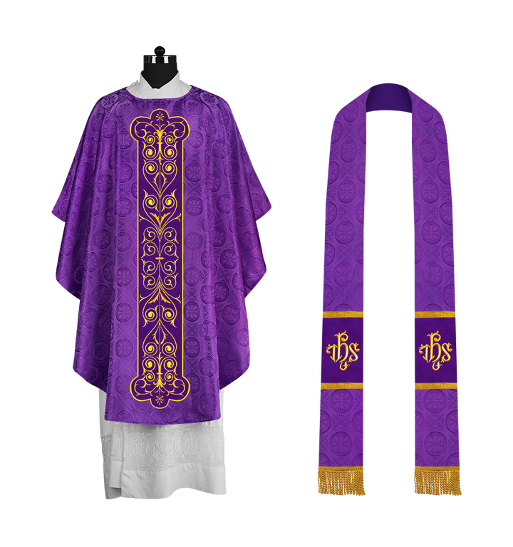 Liturgical Priest Chasuble with Vintage-Style Embroidered Orphrey