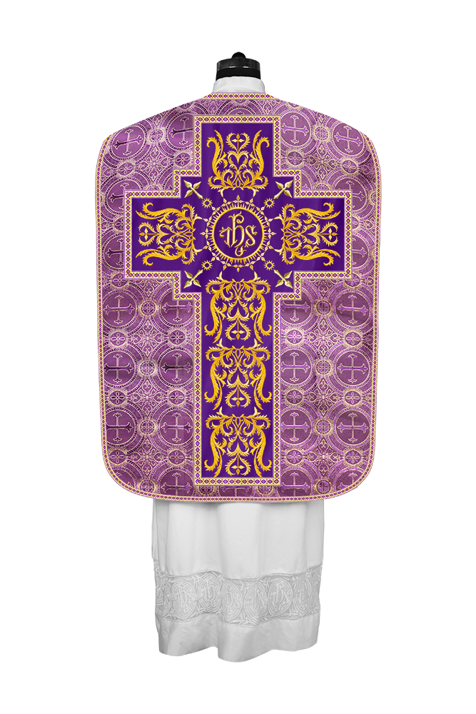 LITURGICAL ROMAN CHASUBLE VESTMENT WITH SPIRITUAL MOTIFS AND TRIMS