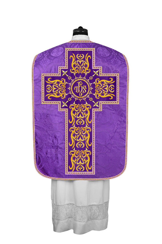 LITURGICAL ROMAN CHASUBLE VESTMENT WITH SPIRITUAL MOTIFS AND TRIMS