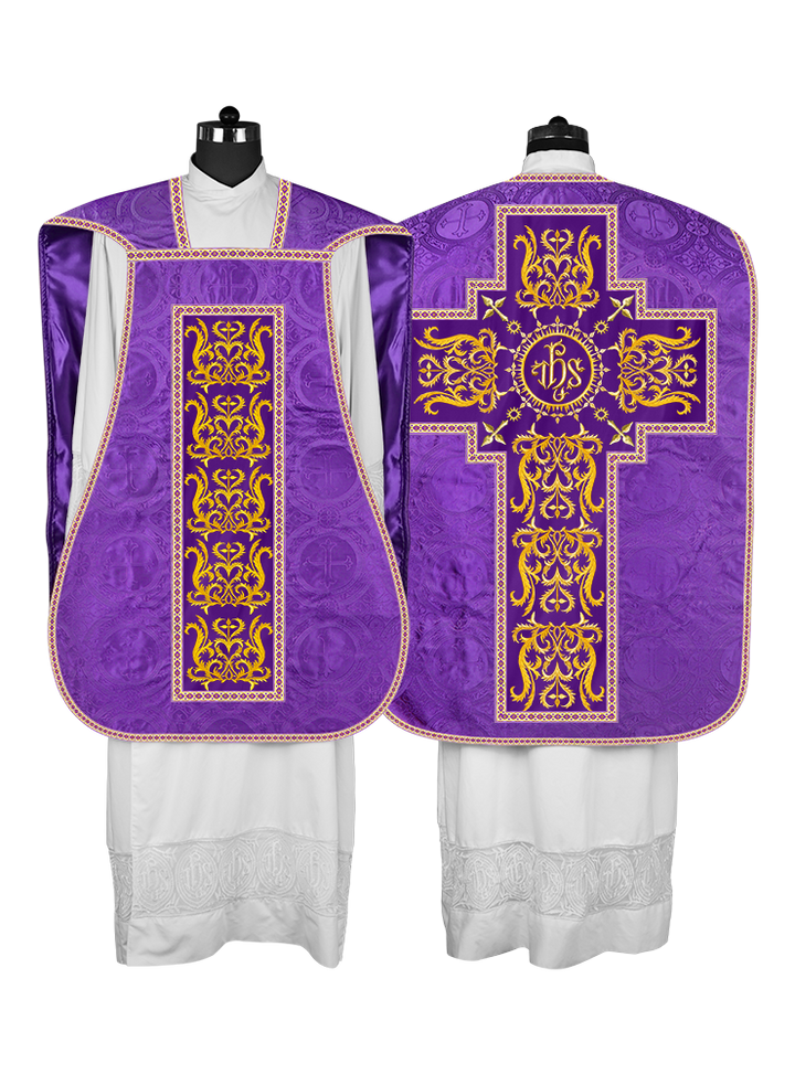 LITURGICAL ROMAN CHASUBLE VESTMENT WITH SPIRITUAL MOTIFS AND TRIMS