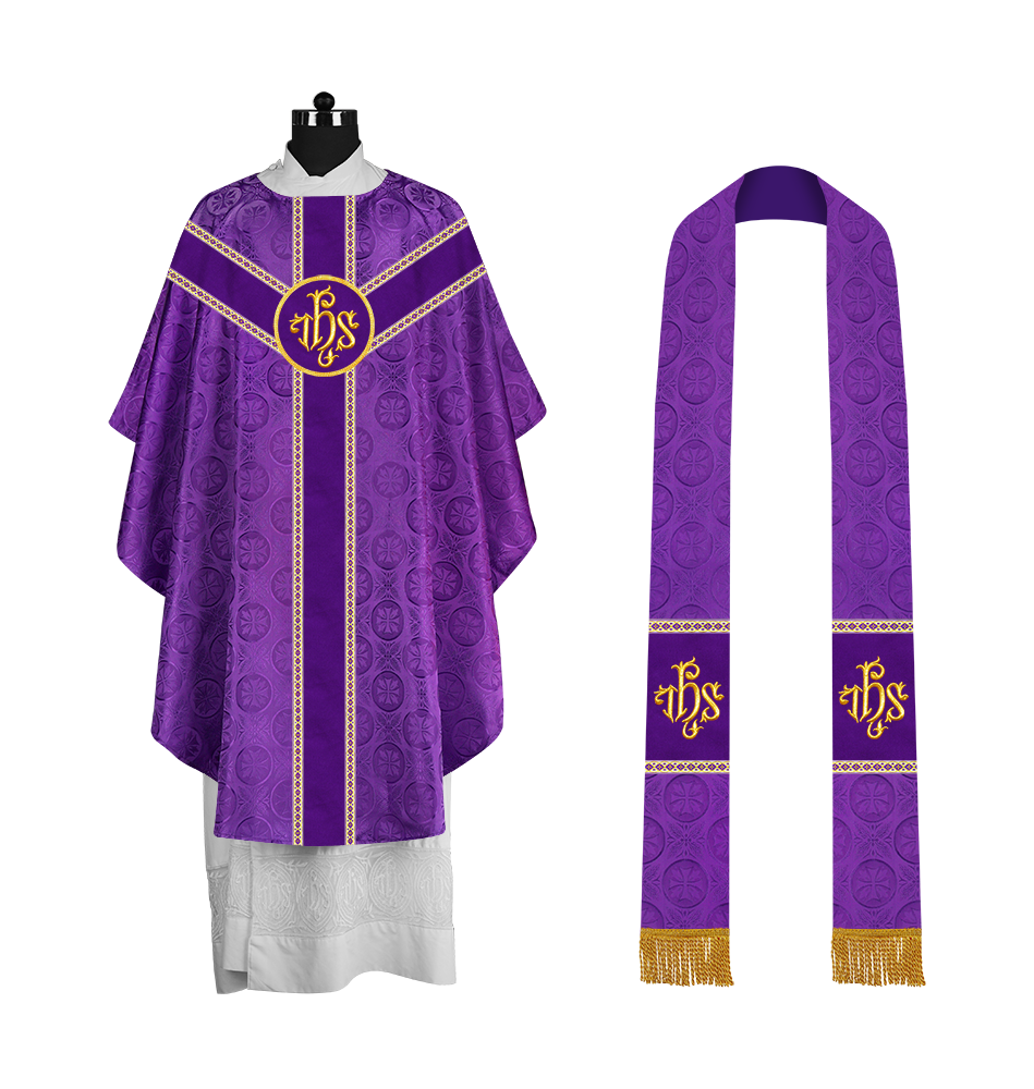 Liturgical Gothic Chasuble with Embroidered Motif and Plain Orphrey