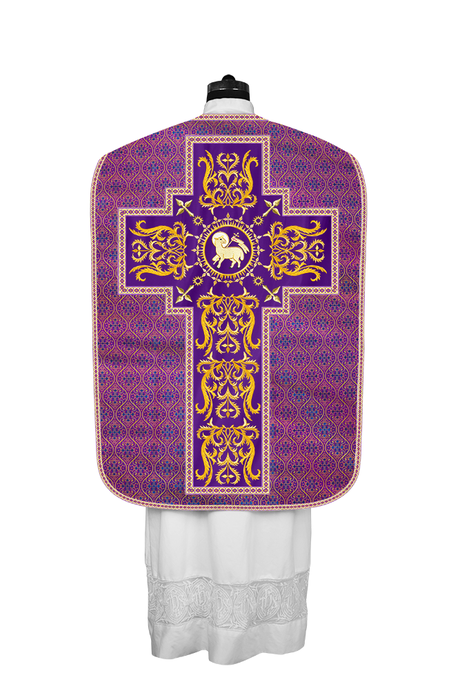 LITURGICAL ROMAN CHASUBLE VESTMENT WITH SPIRITUAL MOTIFS AND TRIMS