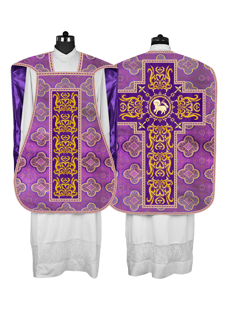 LITURGICAL ROMAN CHASUBLE VESTMENT WITH SPIRITUAL MOTIFS AND TRIMS