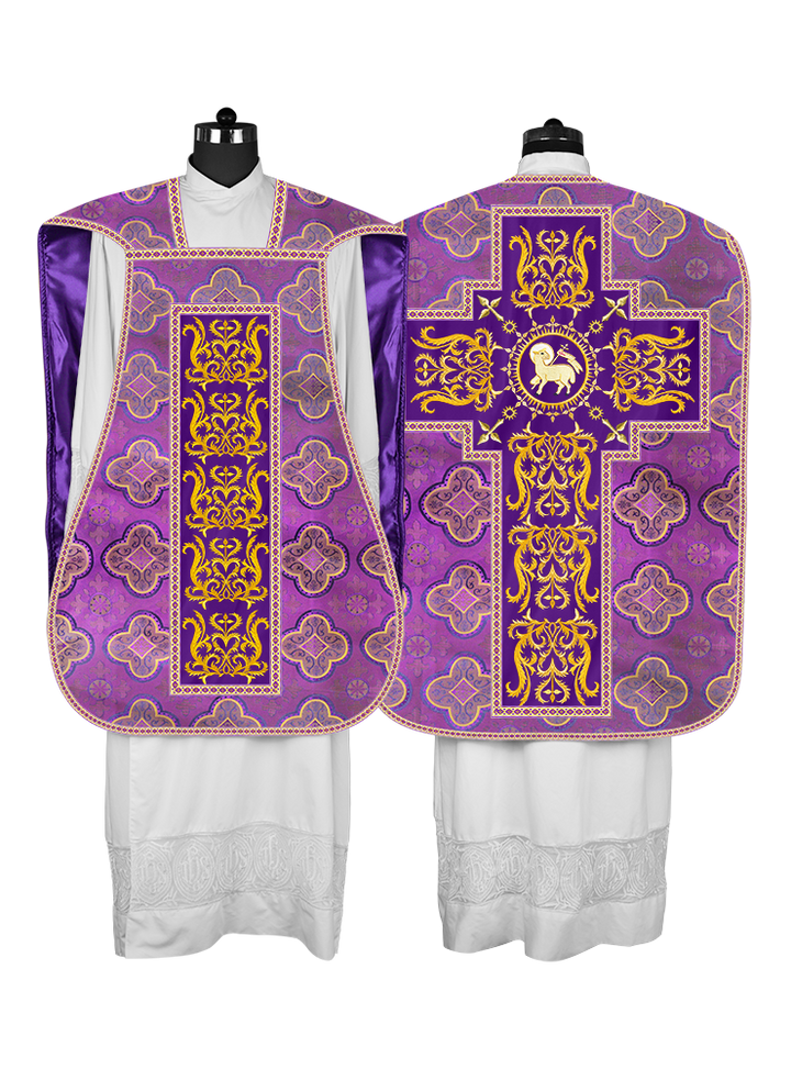 LITURGICAL ROMAN CHASUBLE VESTMENT WITH SPIRITUAL MOTIFS AND TRIMS