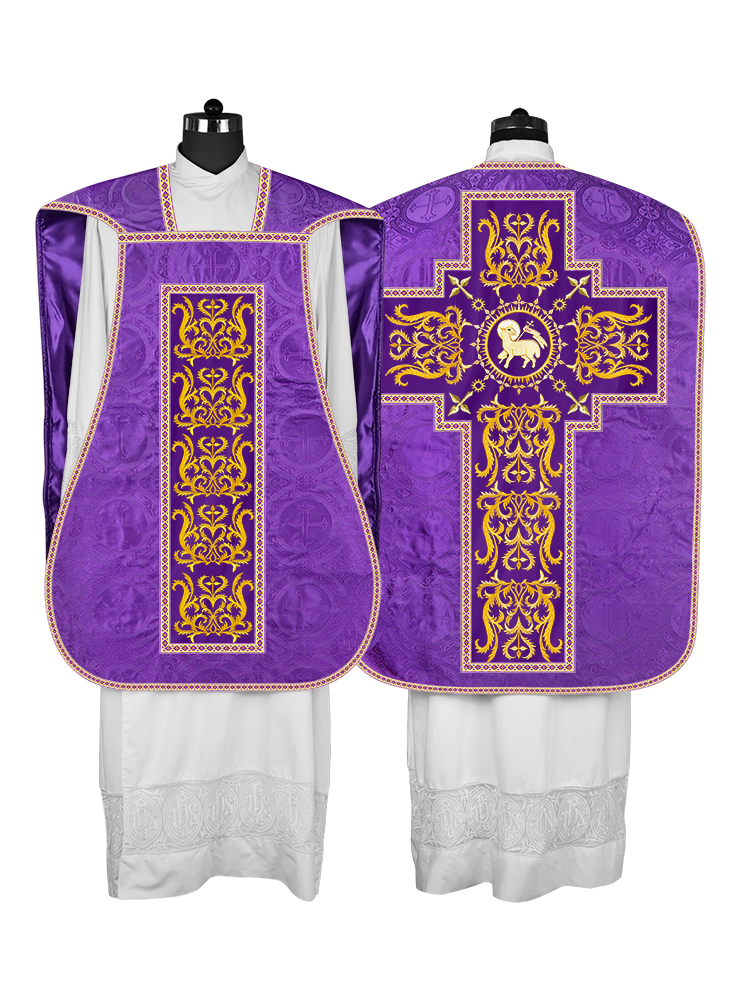 LITURGICAL ROMAN CHASUBLE VESTMENT WITH SPIRITUAL MOTIFS AND TRIMS