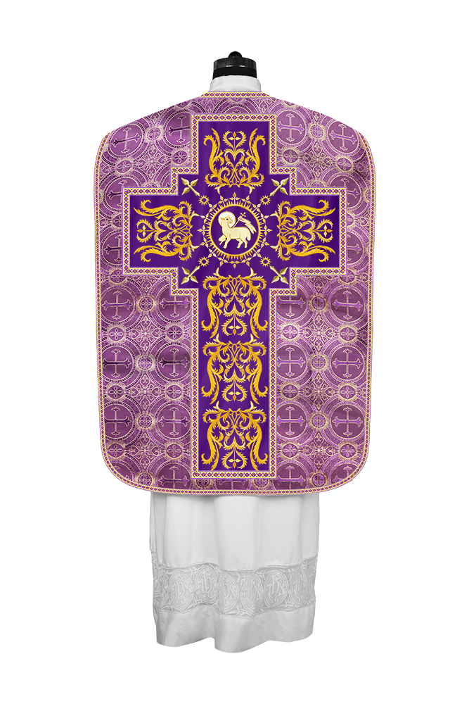 LITURGICAL ROMAN CHASUBLE VESTMENT WITH SPIRITUAL MOTIFS AND TRIMS