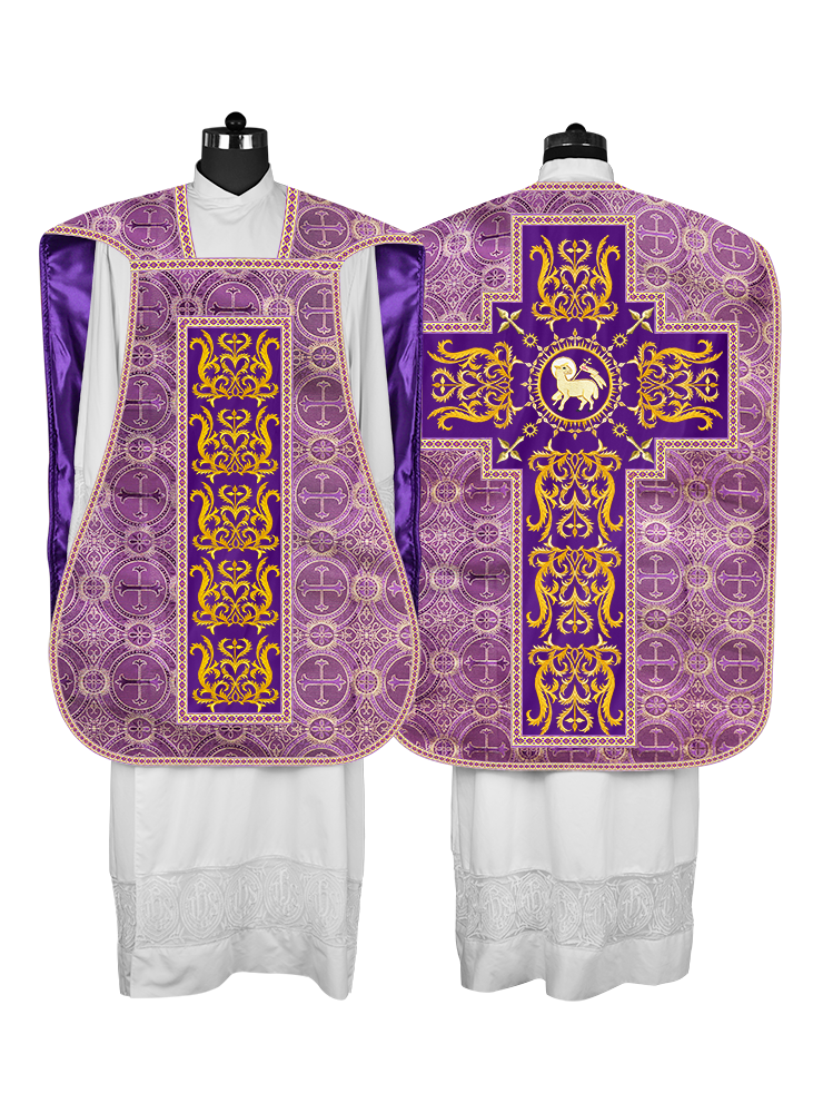 LITURGICAL ROMAN CHASUBLE VESTMENT WITH SPIRITUAL MOTIFS AND TRIMS
