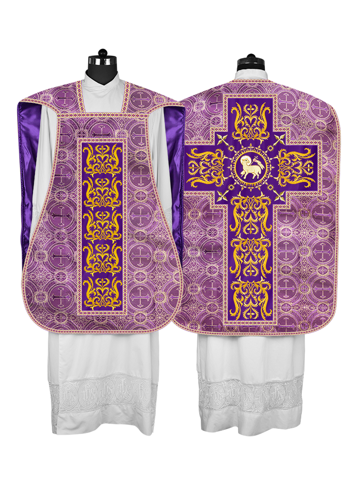 LITURGICAL ROMAN CHASUBLE VESTMENT WITH SPIRITUAL MOTIFS AND TRIMS