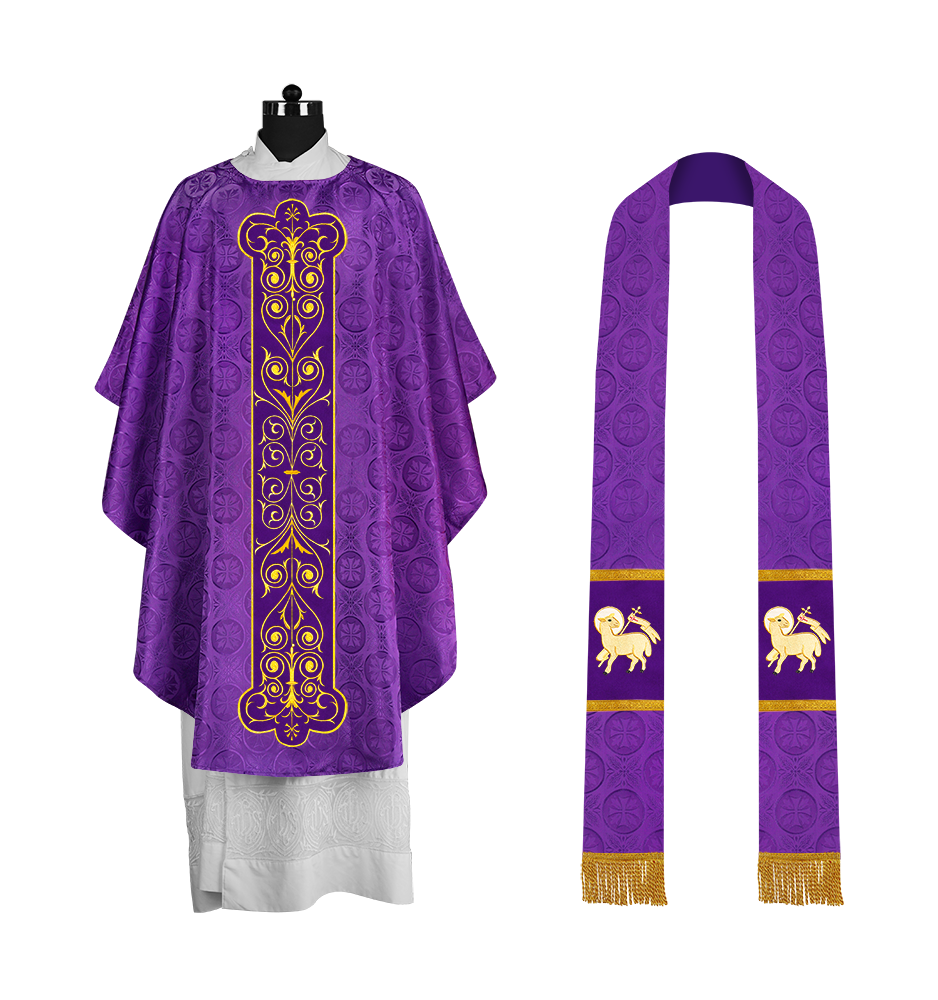 Liturgical Priest Chasuble with Vintage-Style Embroidered Orphrey
