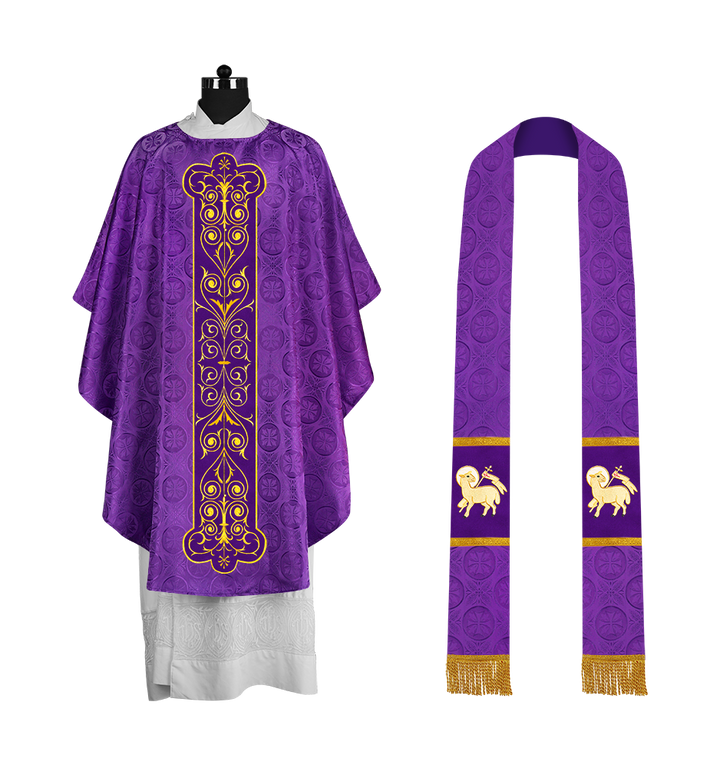 Liturgical Priest Chasuble with Vintage-Style Embroidered Orphrey