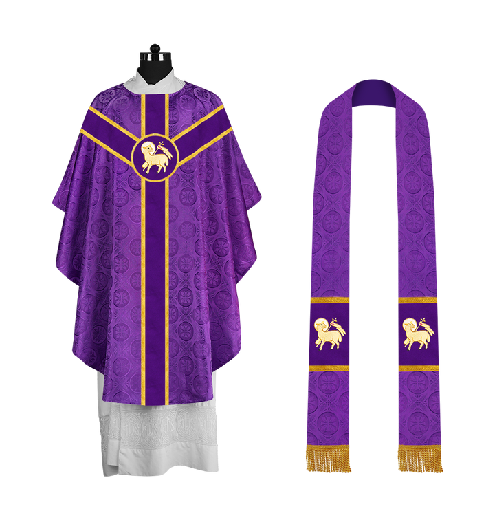 Liturgical Gothic Chasuble with Embroidered Motif and Plain Orphrey