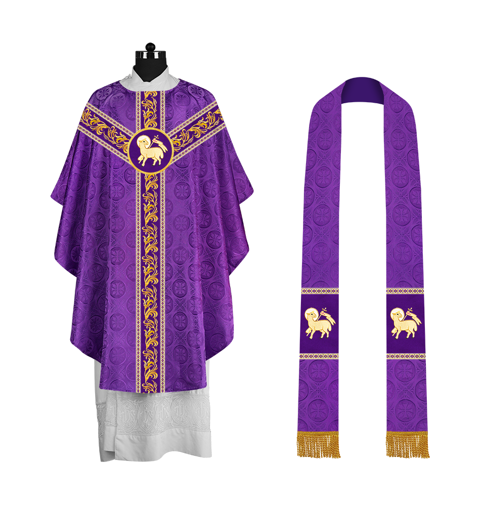 Premium Gothic Priest Chasuble with Embroidery Orphrey & Liturgical Motif