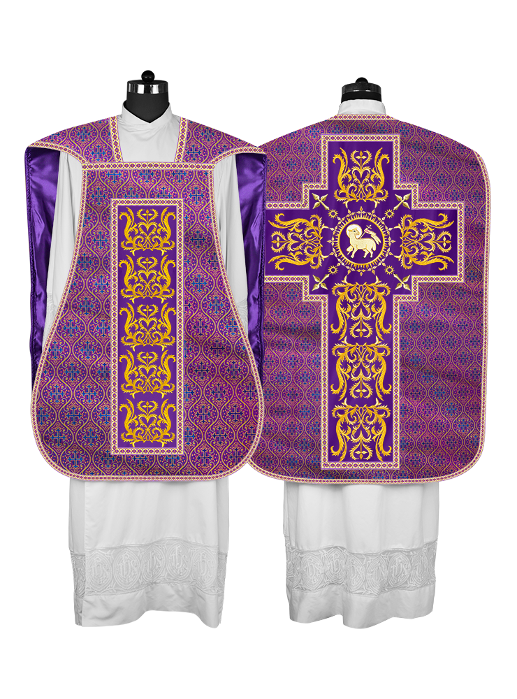 LITURGICAL ROMAN CHASUBLE VESTMENT WITH SPIRITUAL MOTIFS AND TRIMS
