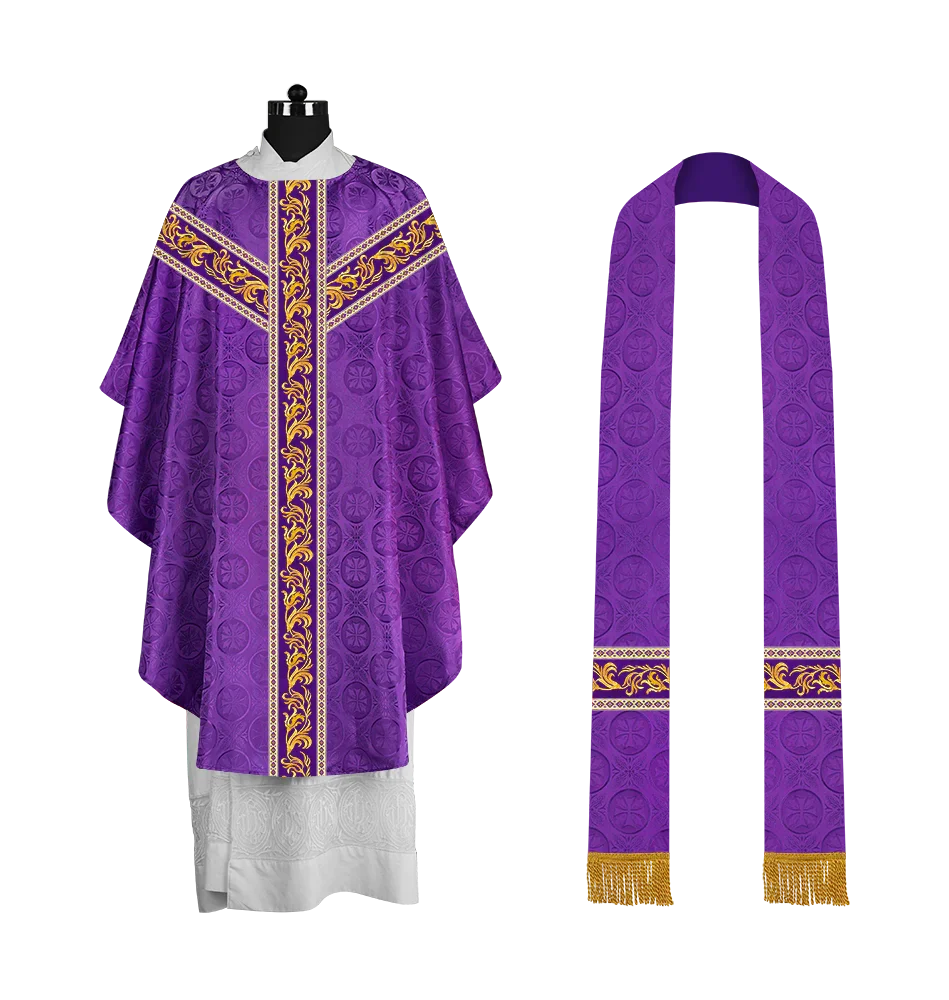 Premium Gothic Priest Chasuble with Embroidery Orphrey & Liturgical Motif