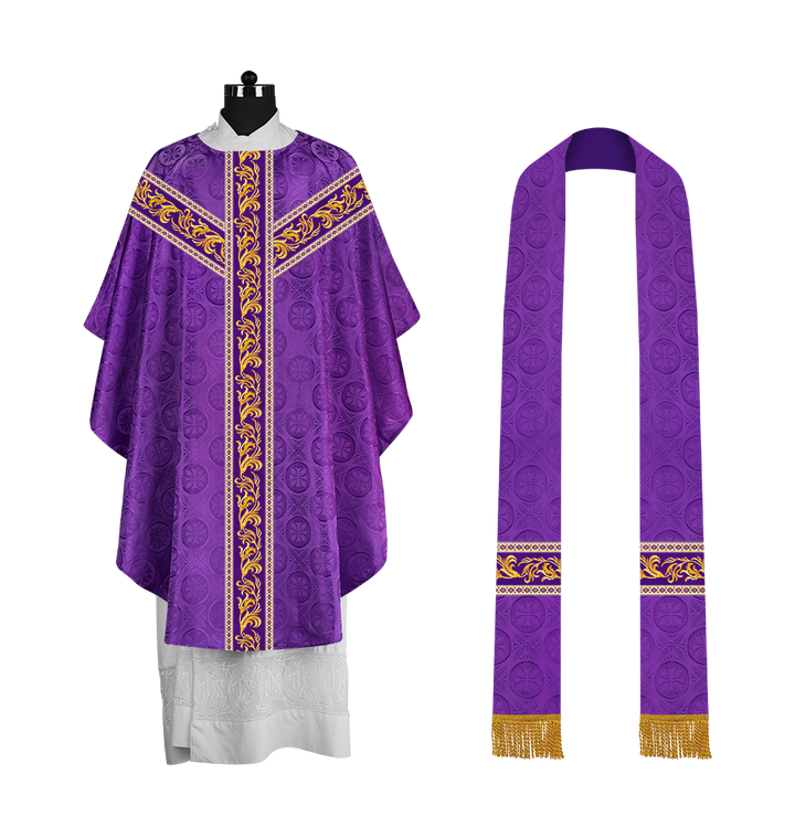 Premium Gothic Priest Chasuble with Embroidery Orphrey & Liturgical Motif