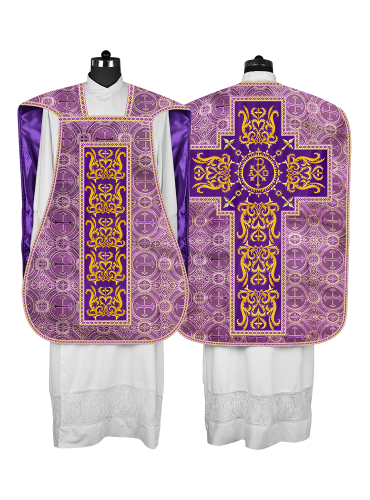 LITURGICAL ROMAN CHASUBLE VESTMENT WITH SPIRITUAL MOTIFS AND TRIMS