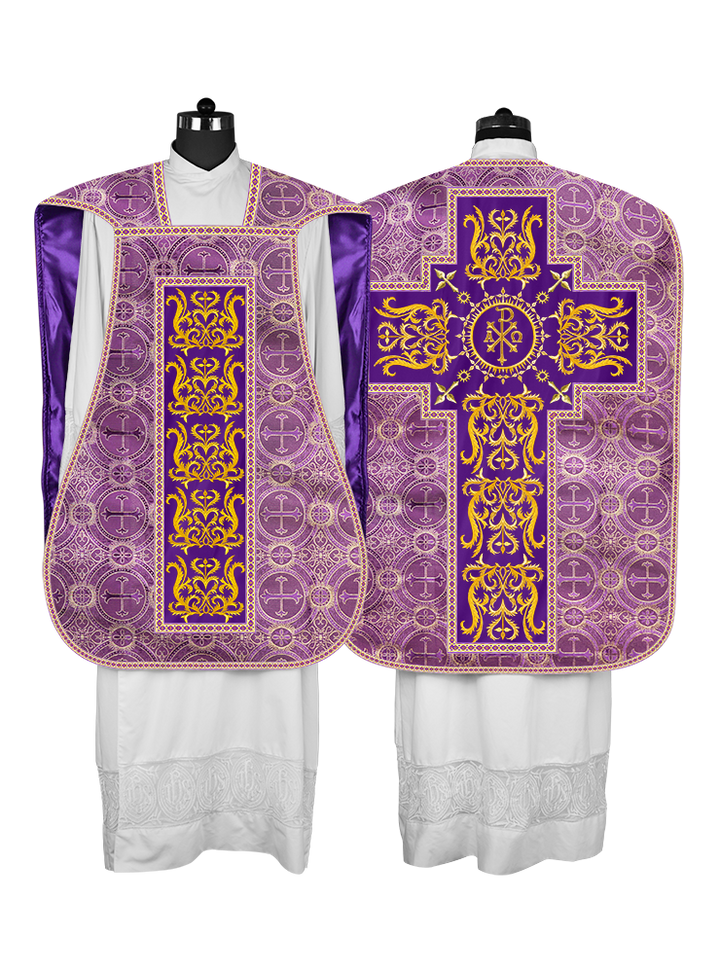 LITURGICAL ROMAN CHASUBLE VESTMENT WITH SPIRITUAL MOTIFS AND TRIMS