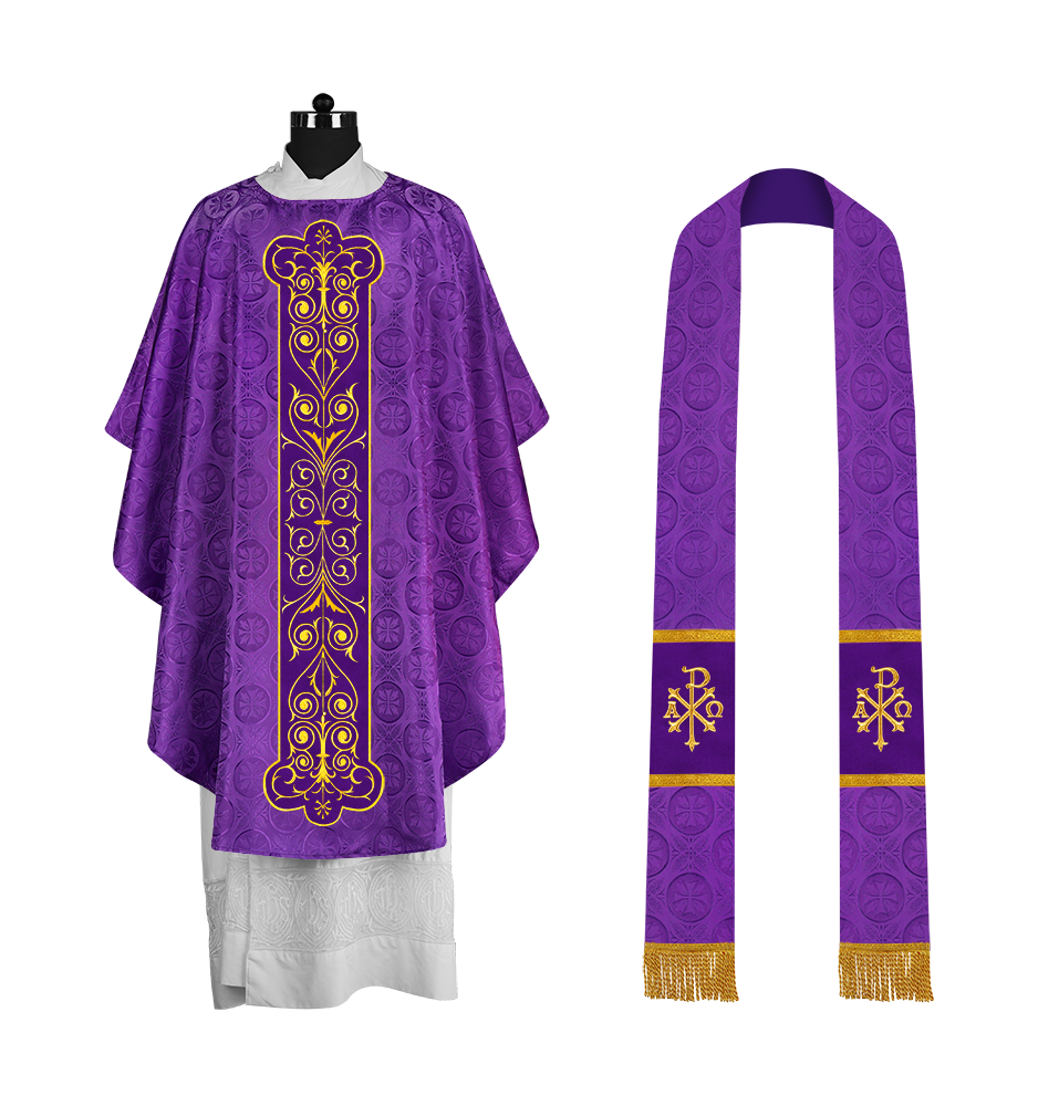 Liturgical Priest Chasuble with Vintage-Style Embroidered Orphrey