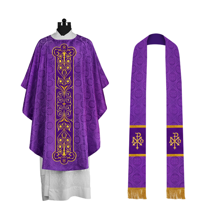 Liturgical Priest Chasuble with Vintage-Style Embroidered Orphrey