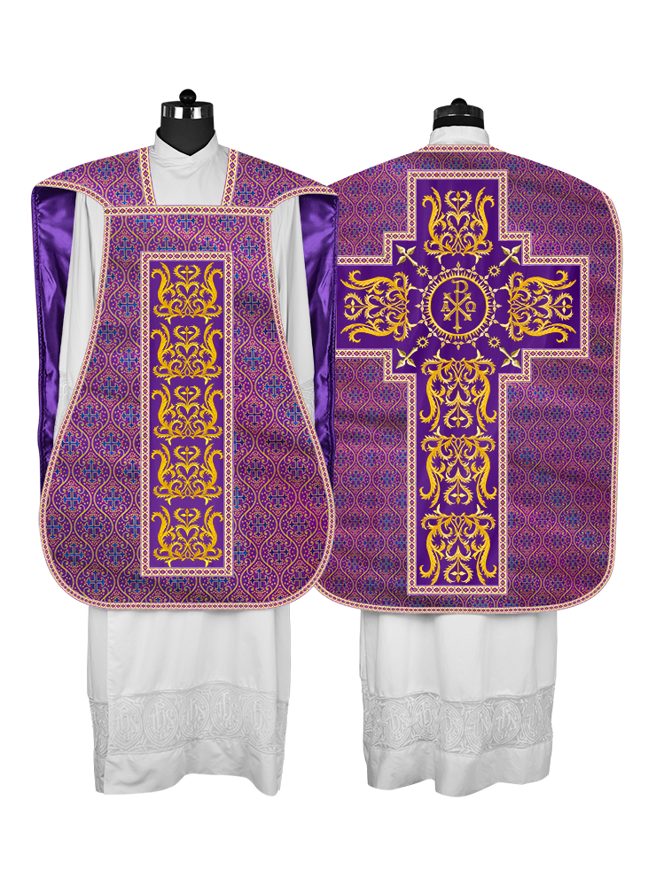 LITURGICAL ROMAN CHASUBLE VESTMENT WITH SPIRITUAL MOTIFS AND TRIMS