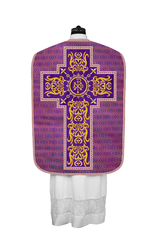 LITURGICAL ROMAN CHASUBLE VESTMENT WITH SPIRITUAL MOTIFS AND TRIMS