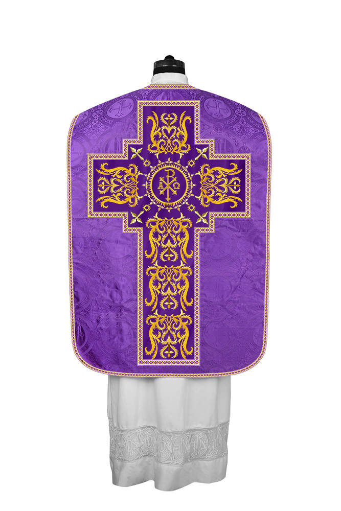 LITURGICAL ROMAN CHASUBLE VESTMENT WITH SPIRITUAL MOTIFS AND TRIMS