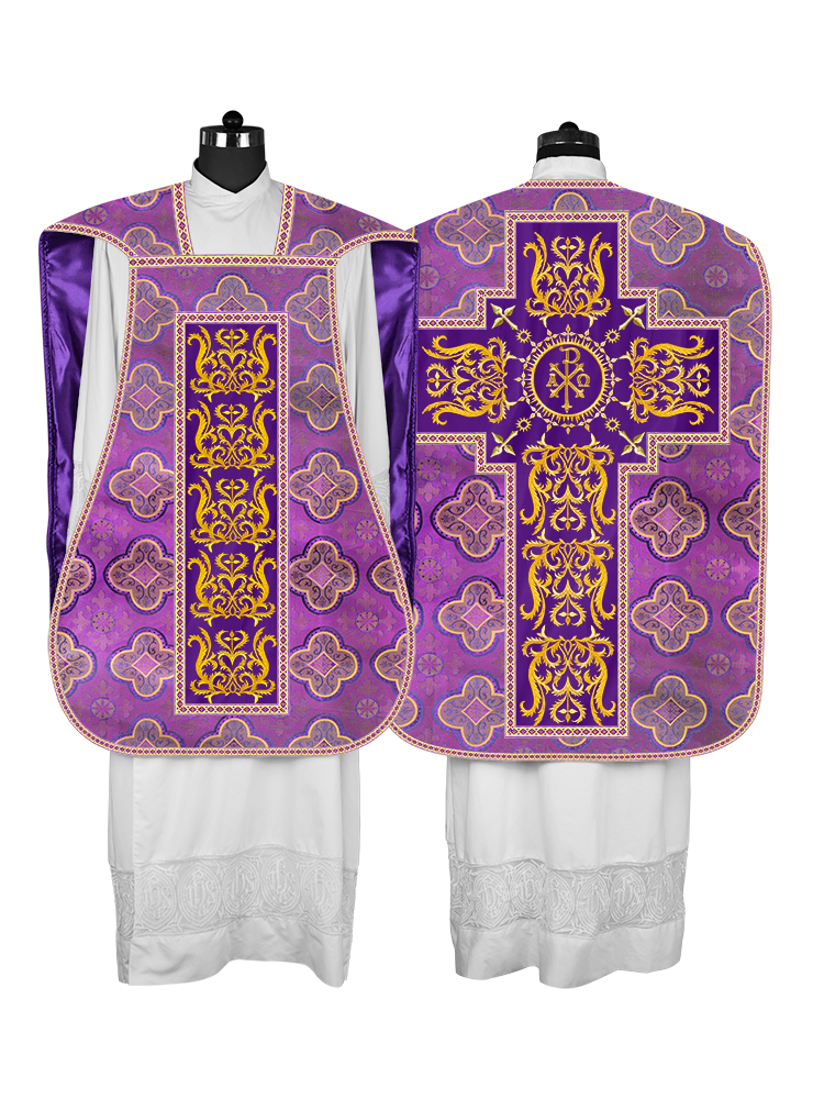 LITURGICAL ROMAN CHASUBLE VESTMENT WITH SPIRITUAL MOTIFS AND TRIMS