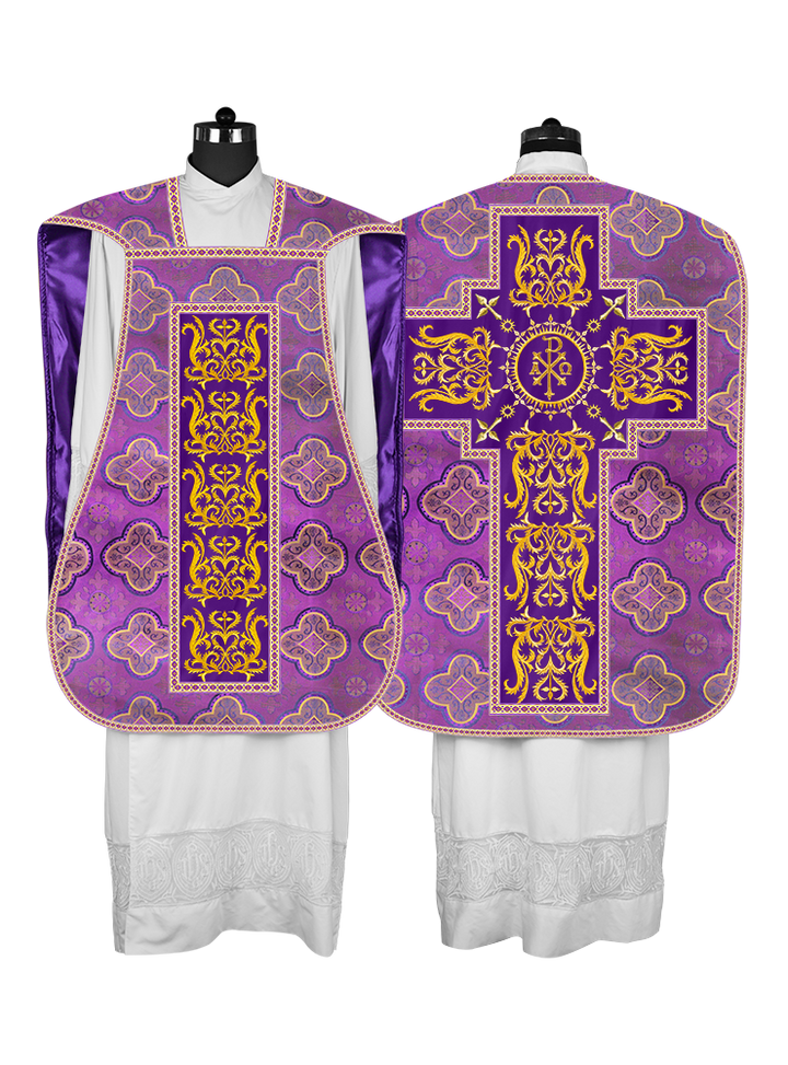 LITURGICAL ROMAN CHASUBLE VESTMENT WITH SPIRITUAL MOTIFS AND TRIMS