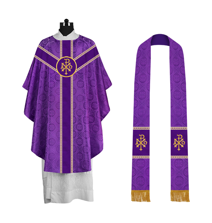 Liturgical Gothic Chasuble with Embroidered Motif and Plain Orphrey