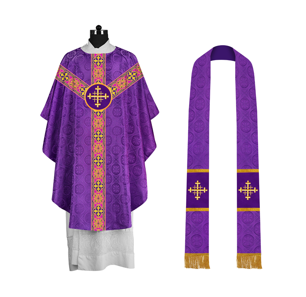 Gothic Chasuble Vestment with Spiritual Motif and Ornate Lace
