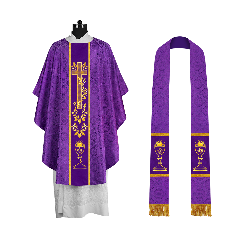 Traditional Liturgical Chasuble with Ornate Embroidered Orphrey