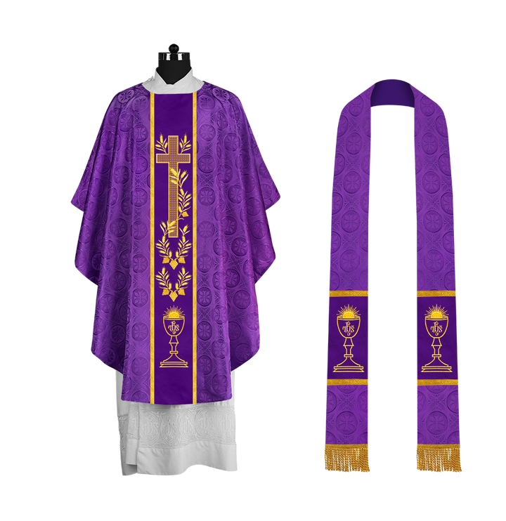 Traditional Liturgical Chasuble with Ornate Embroidered Orphrey