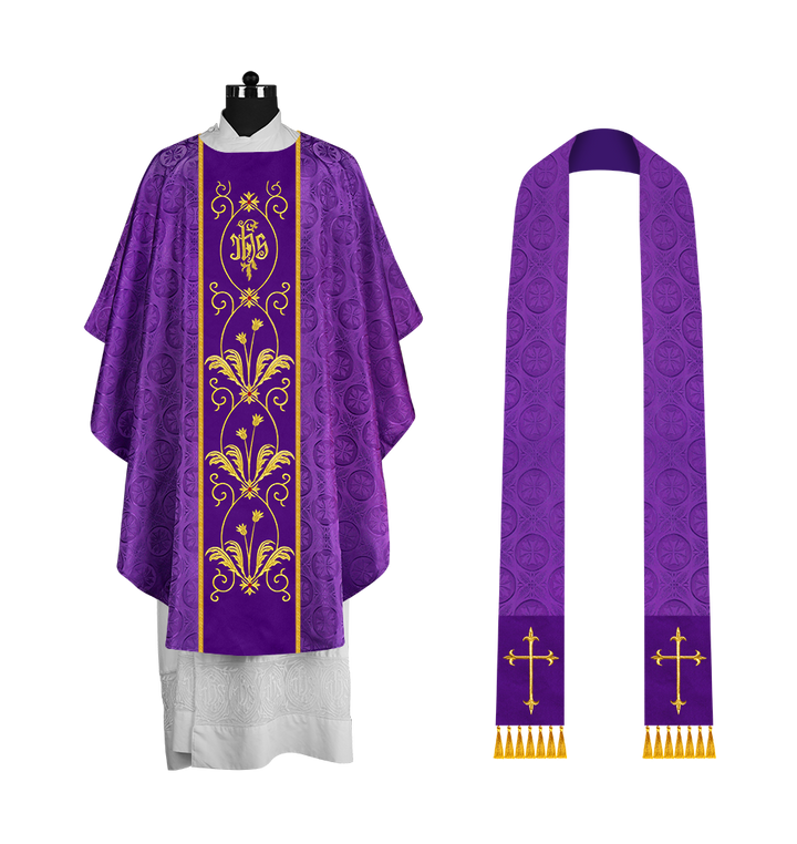 Gothic Chasuble with Elegant Embroidered Orphrey and IHS motif