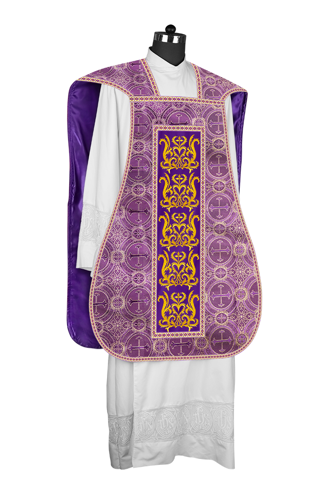 LITURGICAL ROMAN CHASUBLE VESTMENT WITH SPIRITUAL MOTIFS AND TRIMS