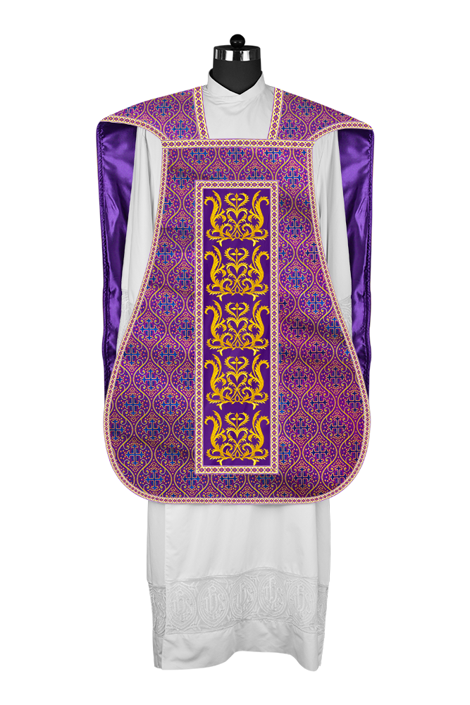 LITURGICAL ROMAN CHASUBLE VESTMENT WITH SPIRITUAL MOTIFS AND TRIMS