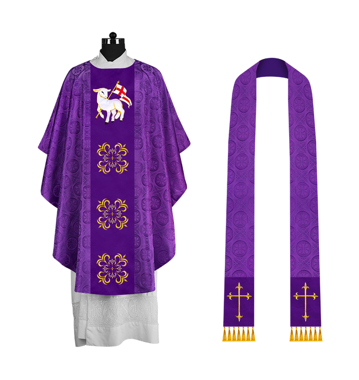 Embroidered Gothic Chasuble for Clergy with Liturgical Orphrey Design