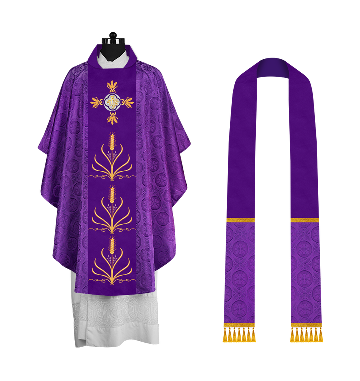 Traditional Liturgical Chasuble with Ornate Embroidered Orphrey
