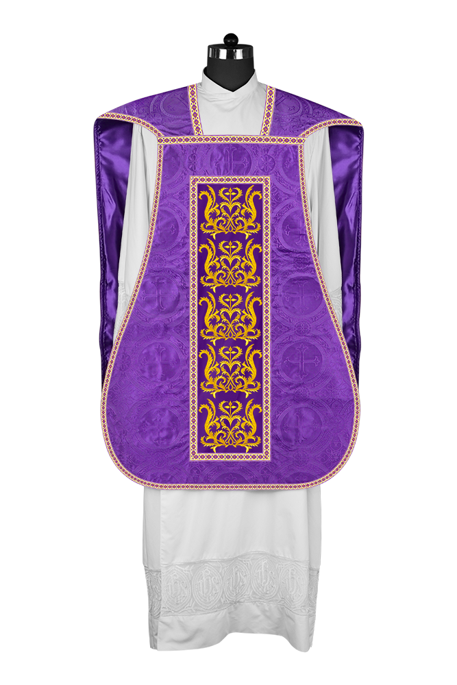 LITURGICAL ROMAN CHASUBLE VESTMENT WITH SPIRITUAL MOTIFS AND TRIMS