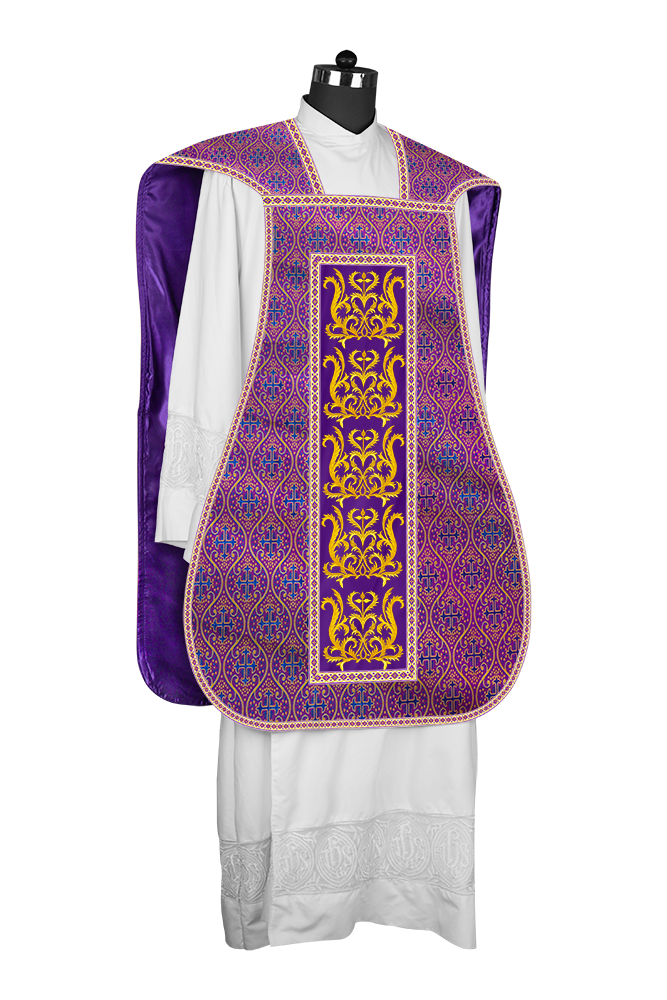 LITURGICAL ROMAN CHASUBLE VESTMENT WITH SPIRITUAL MOTIFS AND TRIMS