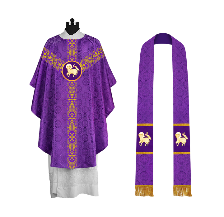 Traditional Gothic Chasuble with Embroidered Motif and Lace Orphrey