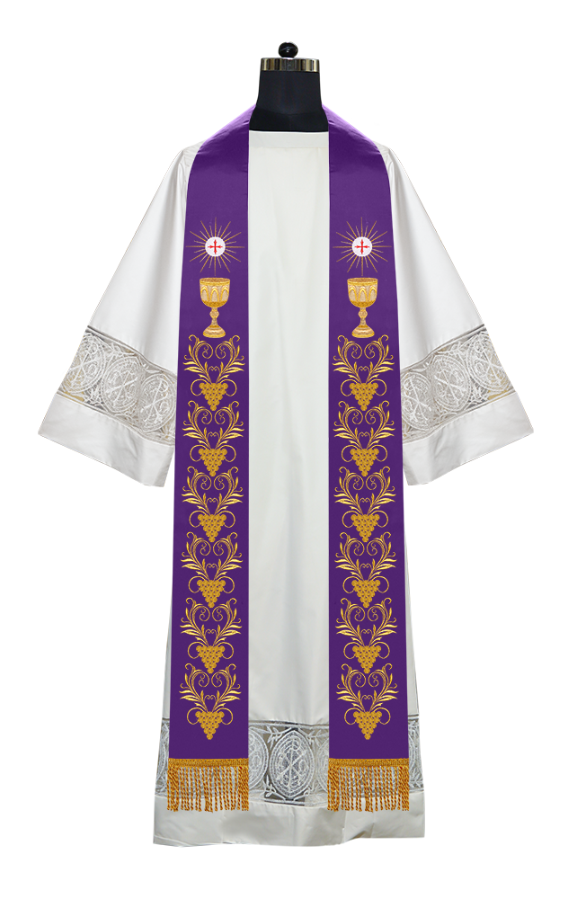 Embroidered Priest Stole with Ornate Chalice and Grapes