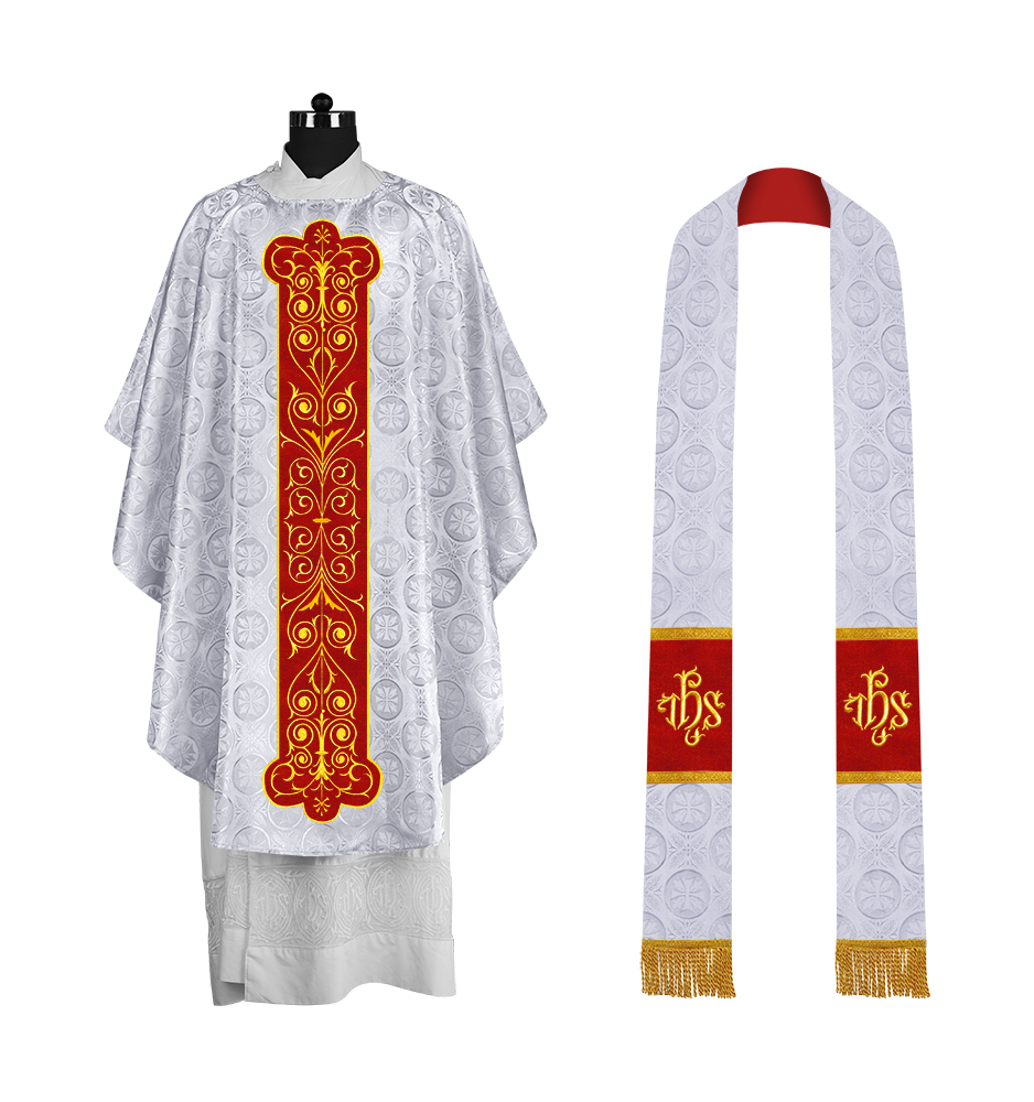 Liturgical Priest Chasuble with Vintage-Style Embroidered Orphrey