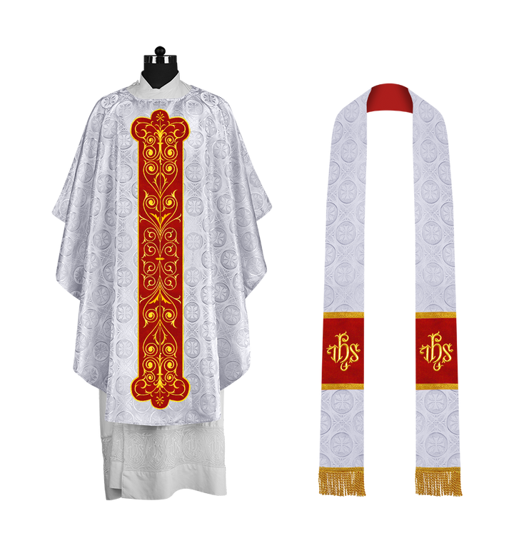 Liturgical Priest Chasuble with Vintage-Style Embroidered Orphrey