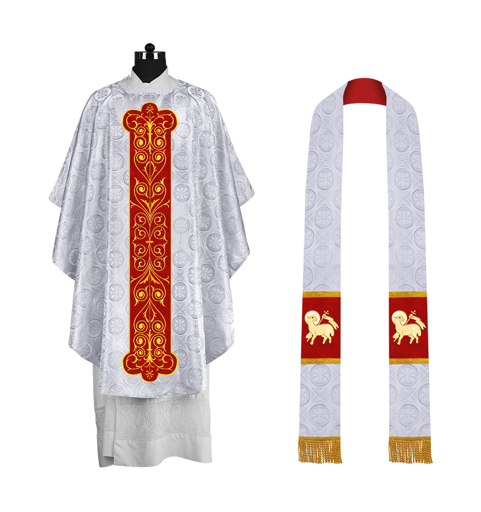 Liturgical Priest Chasuble with Vintage-Style Embroidered Orphrey